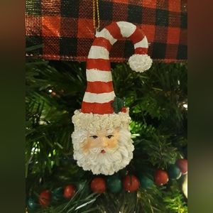 Possibly Vintage Shimmery Santa Head with Christmas Stocking Ornament